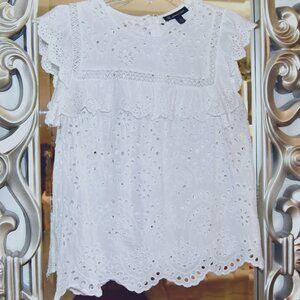 INC International Concepts Eyelet Flutter-Sleeve Top in White Size Large